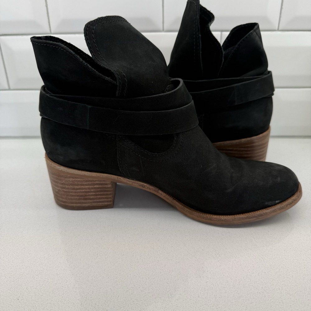 UGG Elora Black Suede Ankle Boots with Brown Stacked Heel